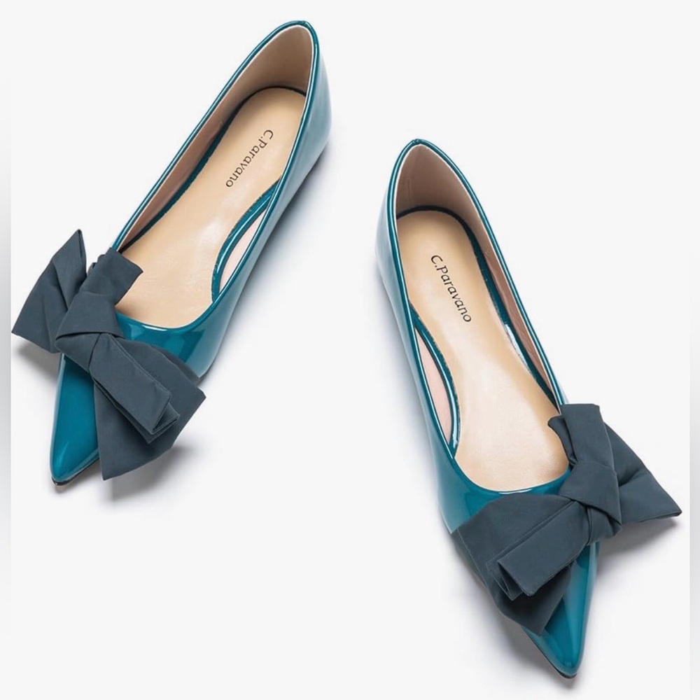 C.Paravano Pointy Bow Flats Women's Flats US SIZE 6.5 EU 37 Teal Blue color New